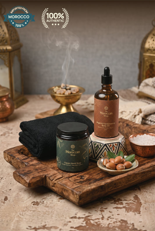 Classic Beldi Soap + Argan & Frankincense Body Oil + Kessa Glove