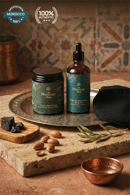 Classic Beldi Soap + Argan & Hemp Seed Body Oil + Kessa Glove