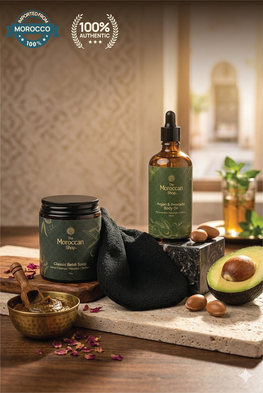 Classic Beldi Soap + Argan & Avocado Body Oil + Kessa Glove